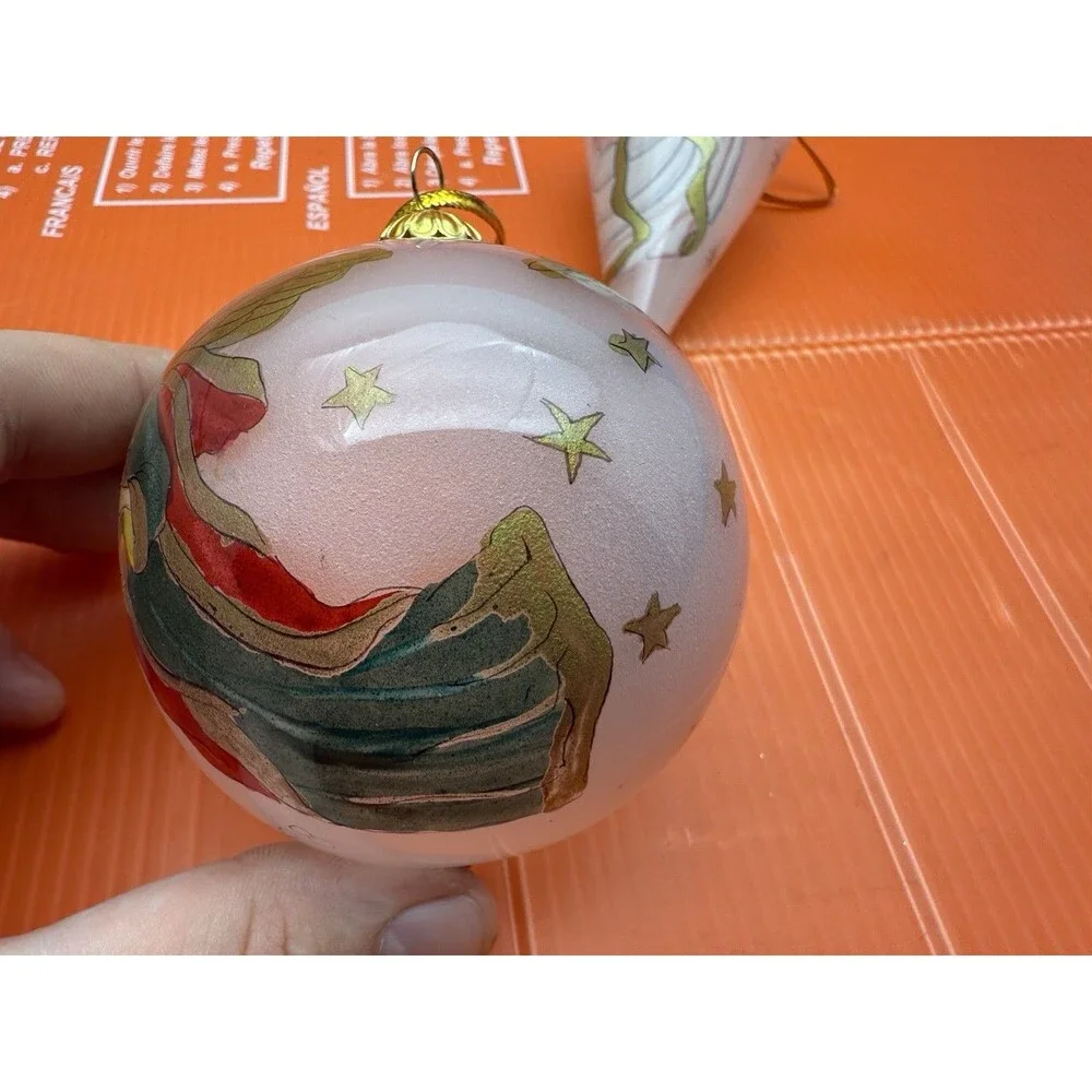 2 LI BIEN Pier One Glass Ornaments Reverse Painted Angels Round 1998 Tear Drop